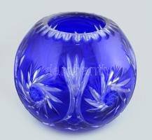Kék kristály váza, kopásokkal, m: 13 cm