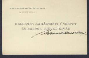 Neuschlosz Marcel szabadkőműves, nagymester aláírása üdvözlőkártyáján