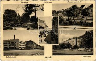 1940 Ungvár, Uzshorod, Uzhhorod, Uzhorod; vár részlet, Korzó, Kossuth park, Galagó részlet, Gimnázium / castle, street view, park, grammar school (EK)