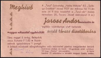 1939 Jaross Andor miniszter védnöksége alatt tartott esemény meghívója, hátoldalon sérült