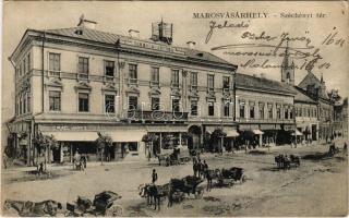 1910 Marosvásárhely, Targu Mures; Széchenyi tér, lovas hintók, Izmael János, Harmath Sándor, Bucher Lajos, Császár József és Schwartz üzlete, takarékpénztár. Porjes S. Sándor kiadása / square, shops, savings bank (EK)