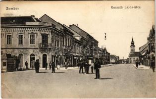 Zombor, Sombor; Kossuth Lajos utca, Falcione Gyula ösztöndíj alapítványa, üzletek / street view, shops (szakadás / tear)