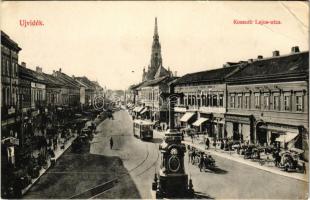 Újvidék, Novi Sad; Kossuth Lajos utca, villamos, Klein és Popper üzlete, takarékpénztár / street view, tram, shops, savings bank (EB)