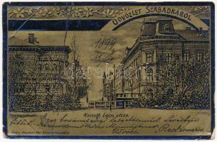 1899 (Vorläufer) Szabadka, Subotica; Kossuth Lajos utca. Heumann Mór kiadása. Szecessziós fémes fóliás hatású képeslap / street view. Art Nouveau, floral, metallic foil (fa)