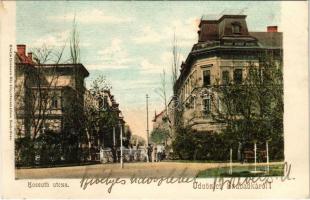 1908 Szabadka, Subotica; Kossuth utca, Landovits Ferenc vendéglője, villamos. Heumann Mór kiadása / street view, restaurant, tram