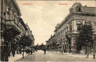 1911 Szabadka, Subotica; Kossuth utca, üzletek, villamos. Heumann Mór kiadása / street view, shops, tram