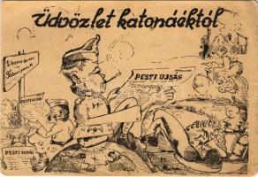 Üdvözlet katonáktól! Pesti Újságot olvasó katonák. 1. honv. gyalogezred Tábori posta 11. / WWII Hungarian military field postcard, newspaper advertisement s: Karp. tizedes (EB)