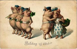 Boldog új évet! Malacok / New Year greeting, pigs. M.B.N. litho (EB)