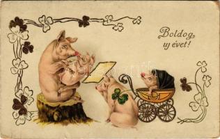 1916 Boldog új évet! Malac család / New Year greeting, pig family. Art Nouveau, floral, litho (fa)