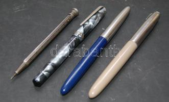 Múlt század eleji alpakka ceruza, hiányos állapotban és 3db töltőtoll