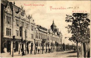 1910 Temesvár, Timisoara; Kossuth Lajos utca, Mezei és Székely üzlete. D.K.F.E. 34. II. / street view with shops (EK)