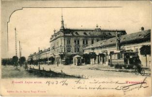 1903 Temesvár, Timisoara; Kossuth Lajos utca, üzletek, villamos, kerékpár. Káldor Zs. és Társa kiadása / street view, shops, tram, bicycle (EK)