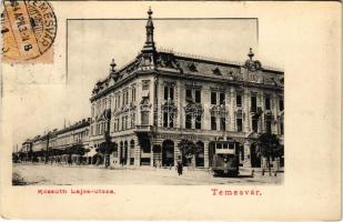 1903 Temesvár, Timisoara; Kossuth Lajos utca, Temesvár-Józsefvárosi Takarékpénztár, villamos / street view, savings bank, tram