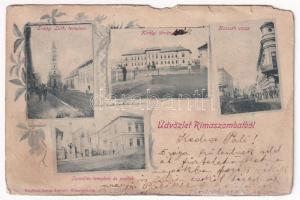 1900 Rimaszombat, Rimavská Sobota; Evangélikus templom, Királyi törvényszék, Kossuth utca, Izraelita templom és paplak, zsinagóga. Lévai Izsó kiadása / Lutheran church, court, street view, synagogue. Art Nouveau, floral (b)