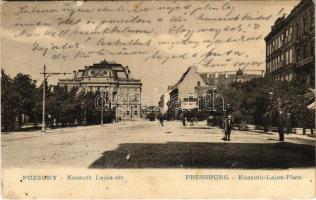 1907 Pozsony, Pressburg, Bratislava; Kossuth Lajos tér, színház, villamos / square, theatre, tram (felületi sérülés / surface damage)