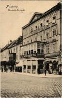 Pozsony, Pressburg, Bratislava; Kossuth Lajos tér, Kern Endre-féle Virágbokor vendéglő és sörcsarnok, élelmezési csarnok, Dr. Bugel fogorvos rendelője, Gyürei üzlete. Holderer Gusztáv kiadása / Restaurant Blumenstöckl / square, restaurant and beer hall, dentist, shops