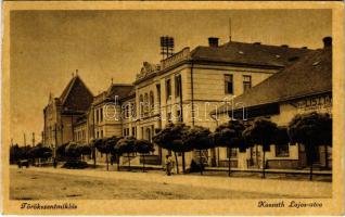 1950 Törökszentmiklós, Kossuth Lajos utca, Kir. Járásbíróság, automobil, kerékpár, Nemzeti Hitelintézet, Schwarcz László üzlete (ázott sarok / wet corner)