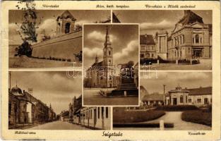 1941 Szigetvár, Rákóczi utca, vár, Római katolikus templom, Városháza, Hősök szobra, Kossuth tér (gyűrődés / crease)