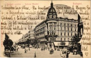 1902 Budapest VIII. Nemzeti színház és bérháza, Ehm János étterme és sörcsarnoka, villamosok, Kerepesi út (Rákóczi út) és Múzeum körút kezdete. Divald Károly 241.