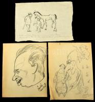 Göndör Bertalan (1908-1945): 3 db karikatúra. Ceruza, papír, jelzett, kb 30x22 cm