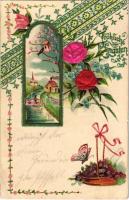 Fröhliche Pfingsten / Pünkösdi dombornyomott litho üdvözlőlap, selyemlap / Pentecost embossed floral litho greeting silk card (EK)