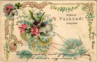 1902 Kellemes Pünkösdi ünnepeket. Dombornyomott csipkehatású litho / Pentecost greeting, embossed lace-style floral litho (EK)