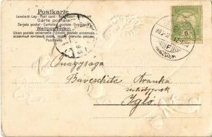 1903 Húsvéti üdvözlet, szecessziós dombornyomott hölgy tojáson, nyuszi / Easter greeting, Art Nouvea...