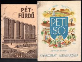 cca 1930-1940 A Péti Nitrogén Műtrágyagyár Rt. 2 db kiadványa: Pétfürdő 1938. Bp., Stádium-ny., 15 p. + Péti só nitrogén műtrágya gyakorlati alkalmazása. Gönczi-Gebhardt Tibor (1902-1994) grafikáival illusztrálva. Bp., Klösz Coloroffset-ny., 6 sztl. lev. Kissé sérült borítóval.