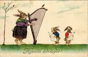 Húsvéti üdvözlet, hárfán játszó nyuszi / Easter greeting, rabbit playing on the harp. EAS 5117. lirtho (EK)
