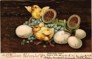 Húsvéti üdvözlet, csirkék. Dombornyomott litho / Easter greeting, chicken. Embossed litho