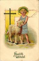 Húsvéti üdvözlet, bárányka. Dombornyomott litho / Easter greeting, lamb. Embossed litho (EK)