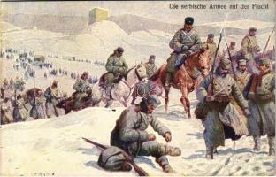 Die serbische Armee auf der Flucht. Offizielle Karte für Rotes Kreutz Kriegsfürsorgeamt Kriegshilfsbüro Nr. 346.