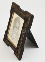 Antik fekete, aranyozott képkeret, Marie Antoinette ceruzarajzzal, kopott, 18x15 cm