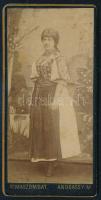 cca 1860-1890 Rimaszombat (Felvidék), hölgy népviseletben, keményhátú fotó Andrássy Mór műterméből, vizitkártya, 8x4 cm