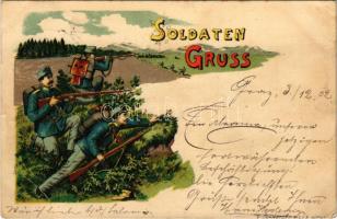 1902 K.u.k. Soldaten Gruss / Osztrák-magyar katonák / Austro-Hungarian military greeting, Art Nouveau litho (EK)