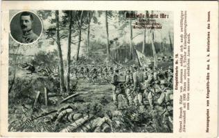1915 Kriegsbildkarte Nr. 18. Oberst Brosch Edler von Aarenau schlägt sich nach zwölftägiger Abwesenheit mit 1000 Mann seines 2. Tiroler Kaiserjägerregimentes zum Gros unserer nördlichen Armee durch. Kriegshilfsbüro / WWI Austro-Hungarian K.u.K. military art postcard. Colonel Brosch Edler von Aarenau s: Wintorowski