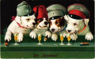 Der Treubund / Központi hatalmak kutyái, első világháborús katonai propaganda / WWI dogs of the Central Powers, military propaganda. H &amp; S. B. No. 1995. litho (kis szakadás / small tear)