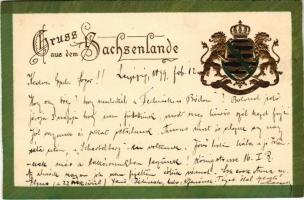 1899 (Vorläufer) Gruss aus dem Sachsenlande / Dombornyomott címer / Embossed coat of arms