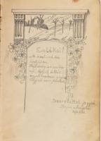1927-1930 Régi emlékkönyv, bejegyzésekkel, rajzokkal (közte egy akvarellkép is), bársonykötésben, sérült fűzéssel