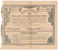 Máramarossziget 1892. A máramaros-szigeti ev. reform. egyház templomépítési költségeinek fedezésére sorsjegy 50kr értékben bélyegzésekkel T:XF apró kis szakadás a hajtás mentén / Hungary / Máramarossziget 1892. To cover the cost of building the church of the Lutheran Reformed Church in Máramarossziget lottery ticket in 50 Kreuzer value, with overprints C:XF small tear along the fold