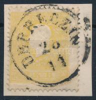 1858 2kr II. sárga, elfogazva / yellow, shifted perforation 