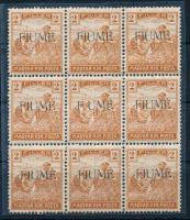 Fiume 1919 Arató 2f 9-es tömb, benne FUME felülnyomással / Mi 8 block of 9, 1 stamp with FUME overprint. Signed: Bodor