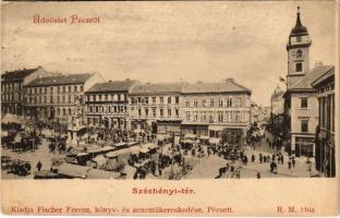 1901 Pécs, Széchenyi tér, Krausz Simon üzlete, Pécs-Baranyai Központi Takarékpénztár, szálloda. Kiadja Fischer Ferenz