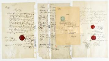 cca 1840-1880 10 db vegyes okmány, szerződés, anyakönyvi kivonat, stb , viaszpecsétekkel