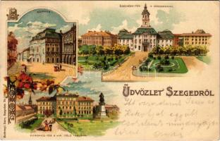 1899 Szeged, Dugonics tér a Kir. ítélő táblával, színház, Széchenyi tér a Városházával. Endrényi Imre Nr.1050. Art Nouveau, floral, litho (EB)