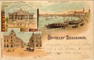 1899 Szeged, Híd utca, Kultur palota, Közúti vashíd a rakparttal. Endrényi Imre Nr. 1047. litho