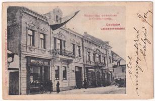 1907 Csíkszereda, Miercurea Ciuc; Rékóczy utca, dohány nagy tőzsde, Gyönös Gy. nyomda üzlete és saját kiadása. Valina J. fényképfelvétele (EK)