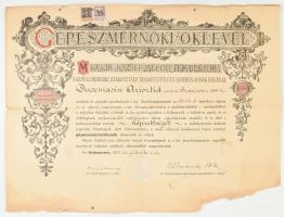 1922 Gépészmérnöki diploma 60x50 cm Sérült