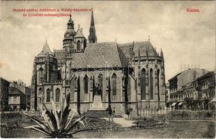 1906 Kassa, Kosice; Honvéd szobor, háttérben a Mihály kápolnával és Erzsébet székesegyházzal. Nyulászi Béla kiadása / military monument, chapel, cathedral (EK)