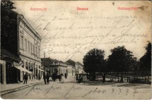 1909 Versec, Werschetz, Vrsac; Andrássy tér, üzletek / square, shops (kopott sarkak / worn corners)